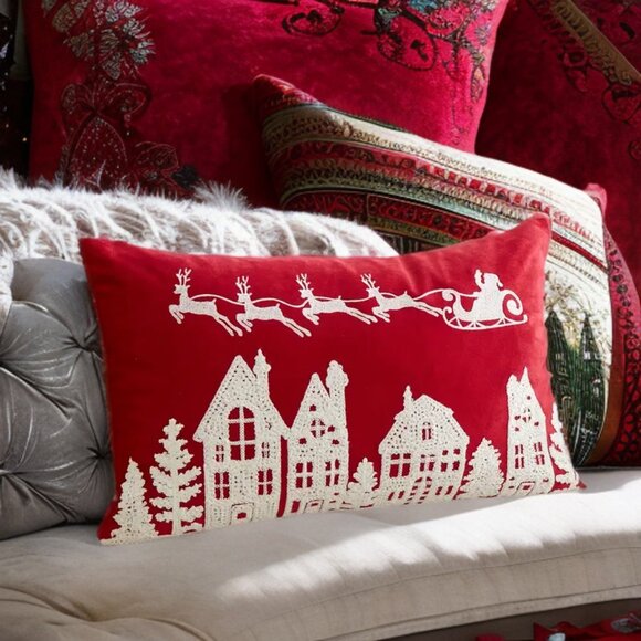 Red Christmas Pillow Cover Holiday Santa Decor Soft Embroidered Lumbar Case 20" - Picture 2 of 11